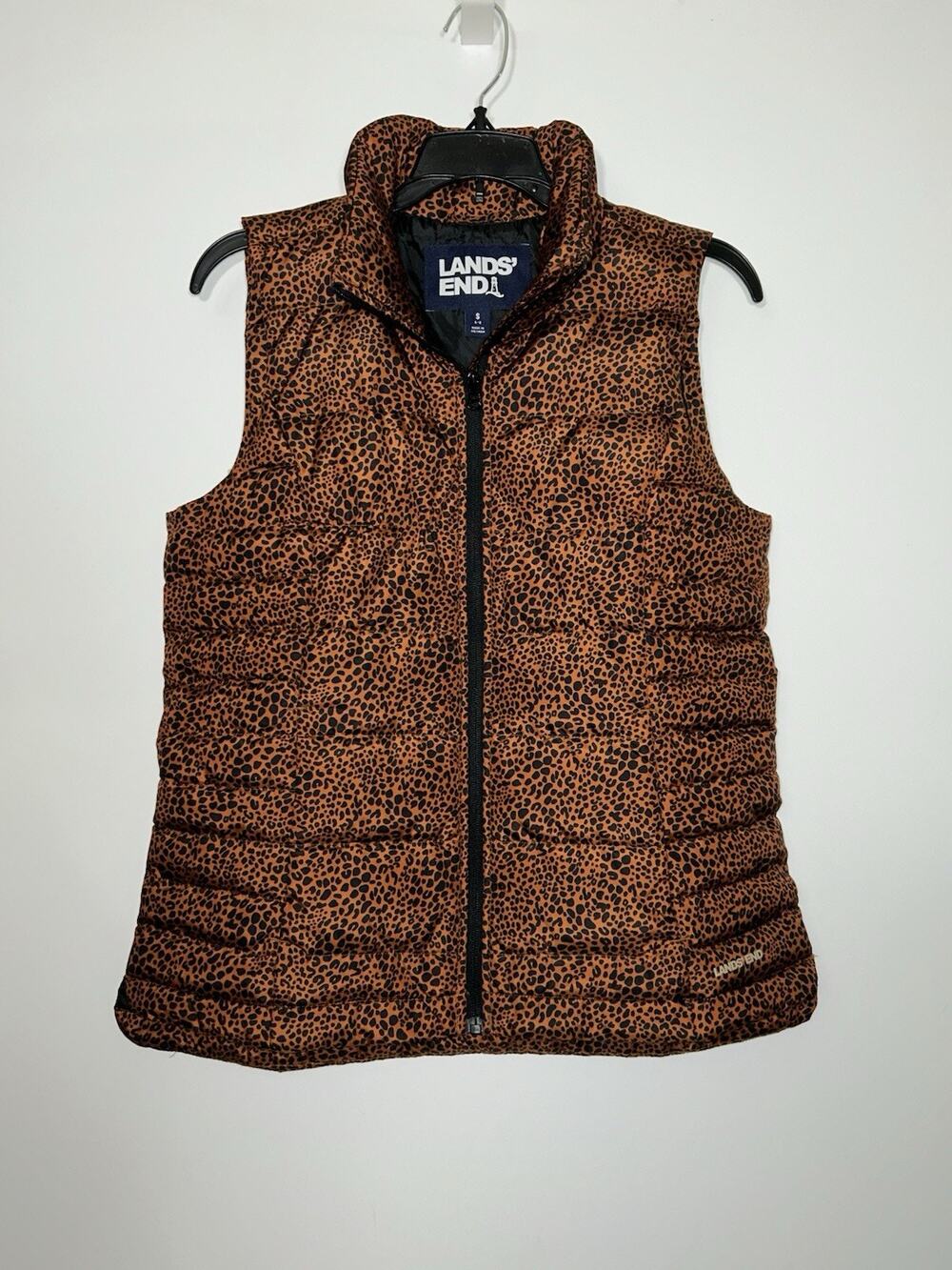 Lands’ End Women’s Burnt Orange Leopard Print Down Puffer Vest Jacket Size S